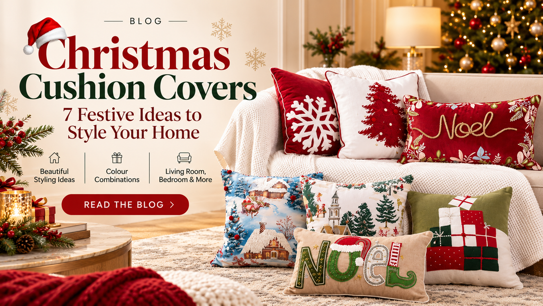 Christmas cushion covers styled on a living room sofa