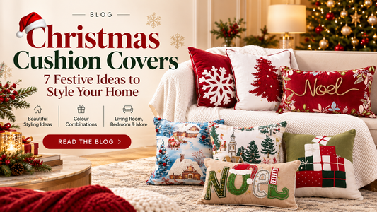 Christmas cushion covers styled on a living room sofa