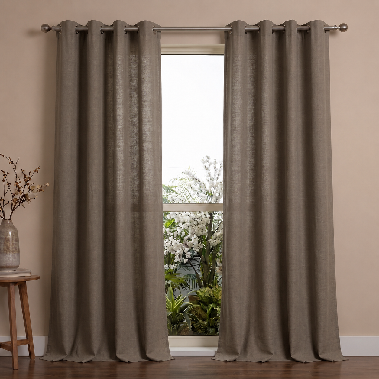 Cotton slub curtain showing textured weave detail, Dark Grey
