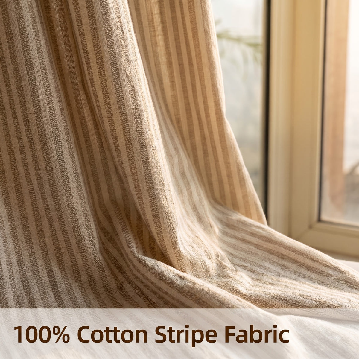 Yarn-dyed cotton stripe curtain, full panel, Beige