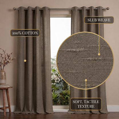 Cotton slub curtain showing textured weave detail, Dark Grey