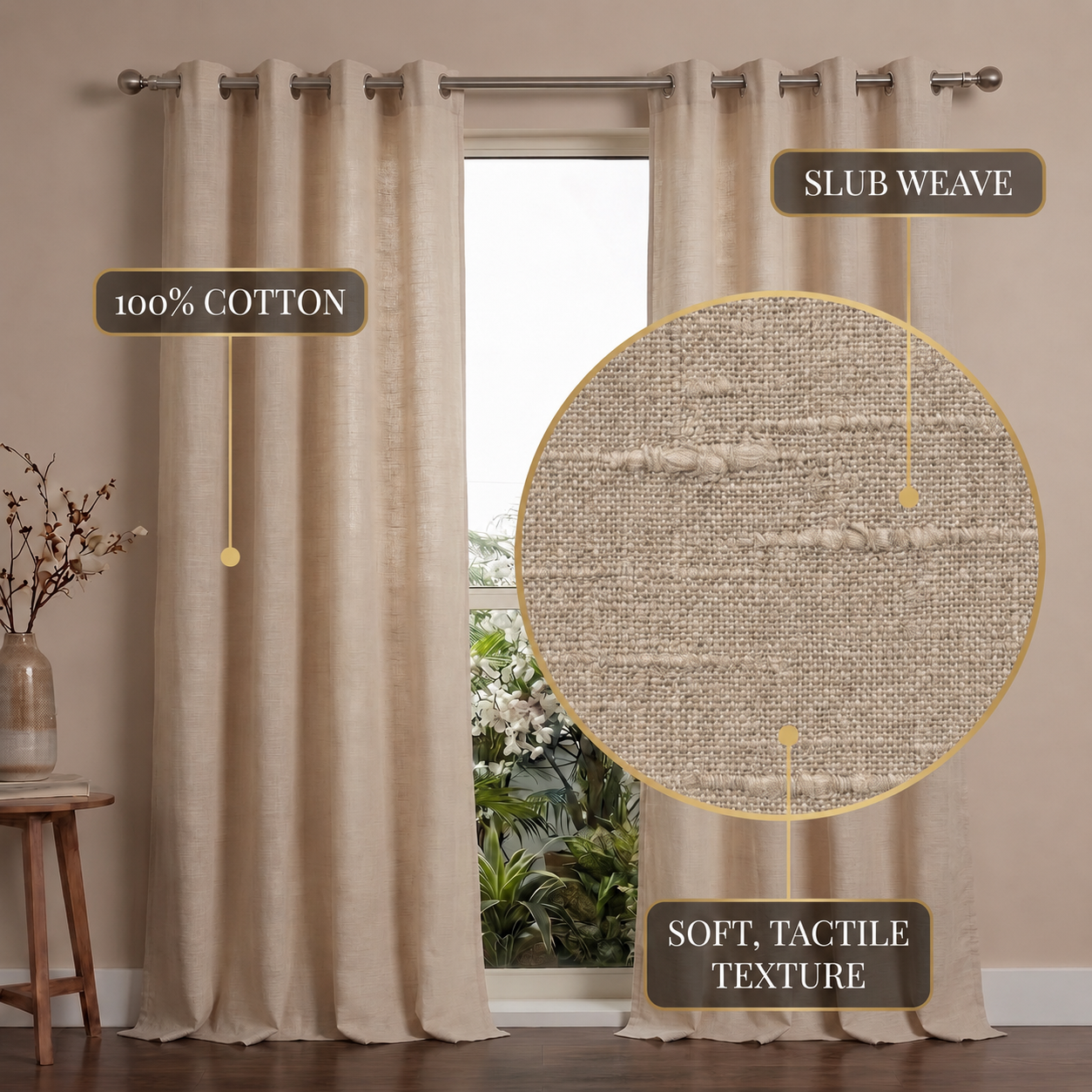 Cotton slub curtain, full panel, Ivory