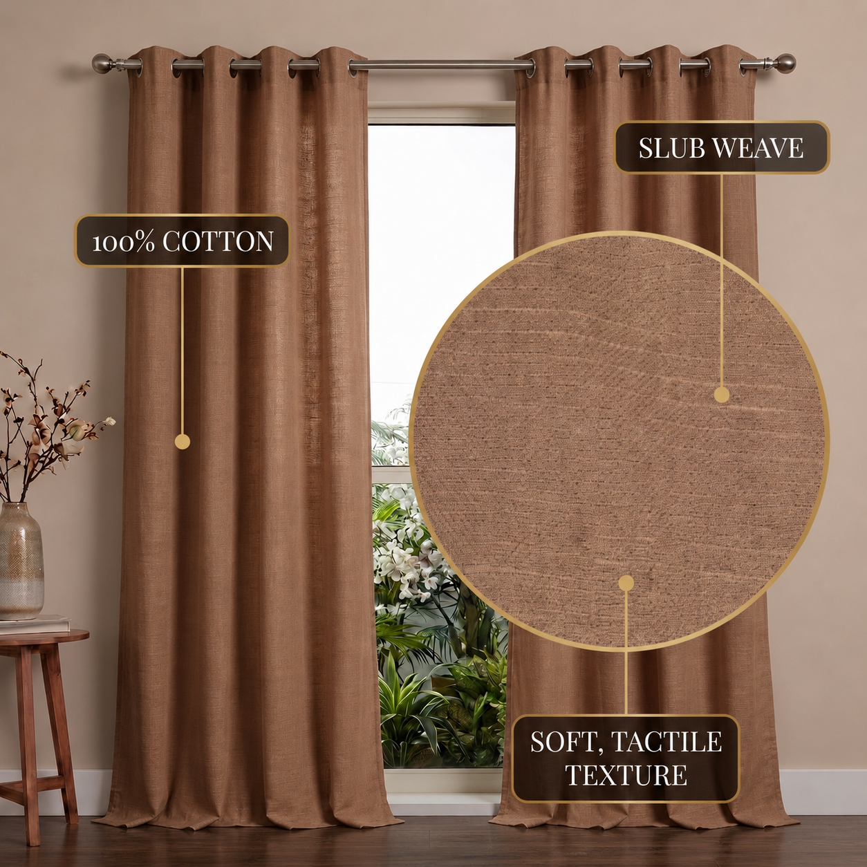 Cotton slub curtain, full panel, Beige