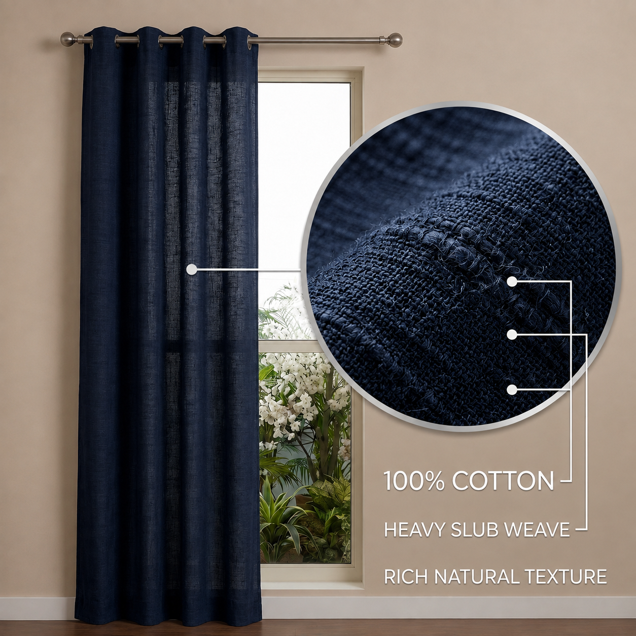 Heavy slub cotton curtain, full panel, Nightfall