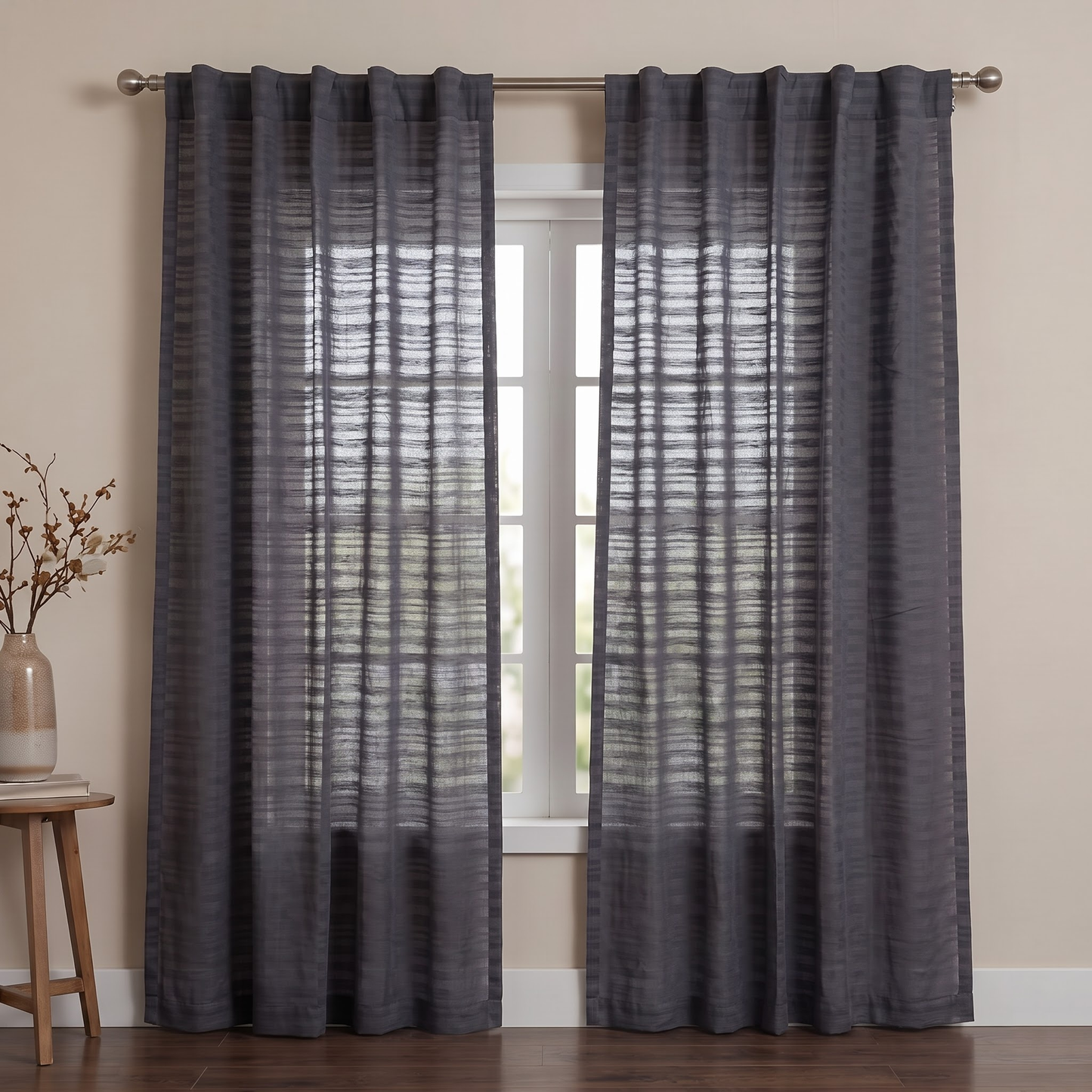 Cotton sheer curtain in Ivory, styled in living room Nightfall