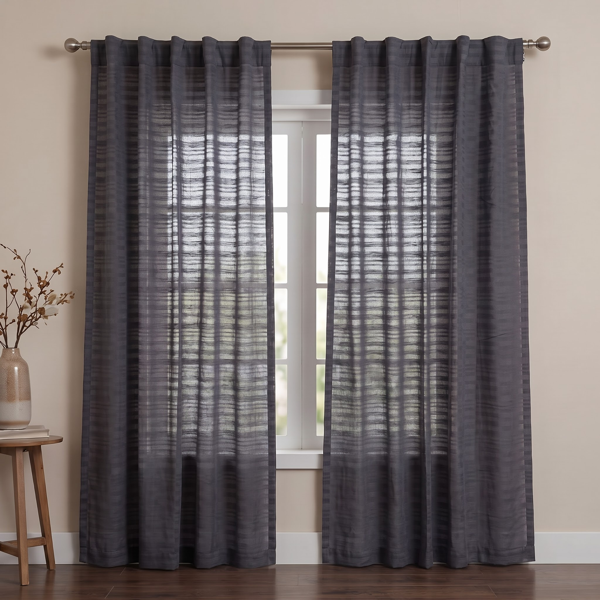 Cotton sheer curtain in Ivory, styled in living room Nightfall