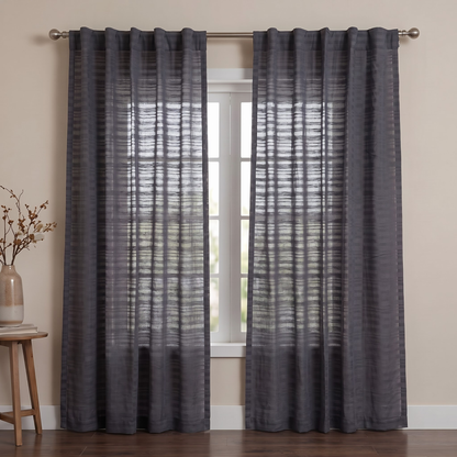 Cotton sheer curtain in Ivory, styled in living room Nightfall