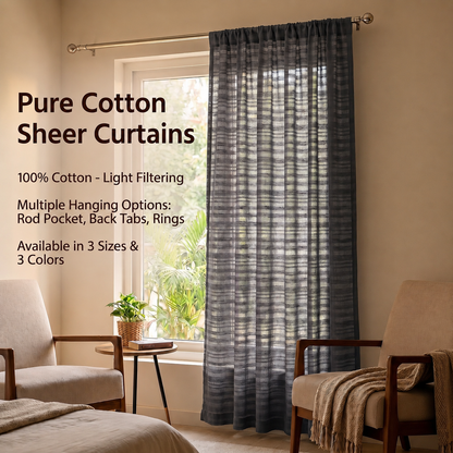 Cotton sheer curtain in Ivory, styled in living room Nightfall