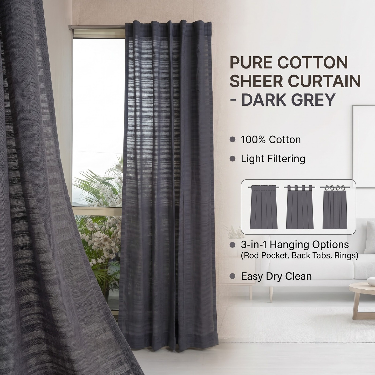 Cotton sheer curtain in Ivory, styled in living room Nightfall
