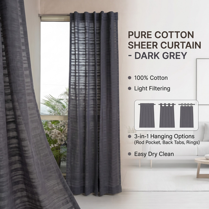Cotton sheer curtain in Ivory, styled in living room Nightfall