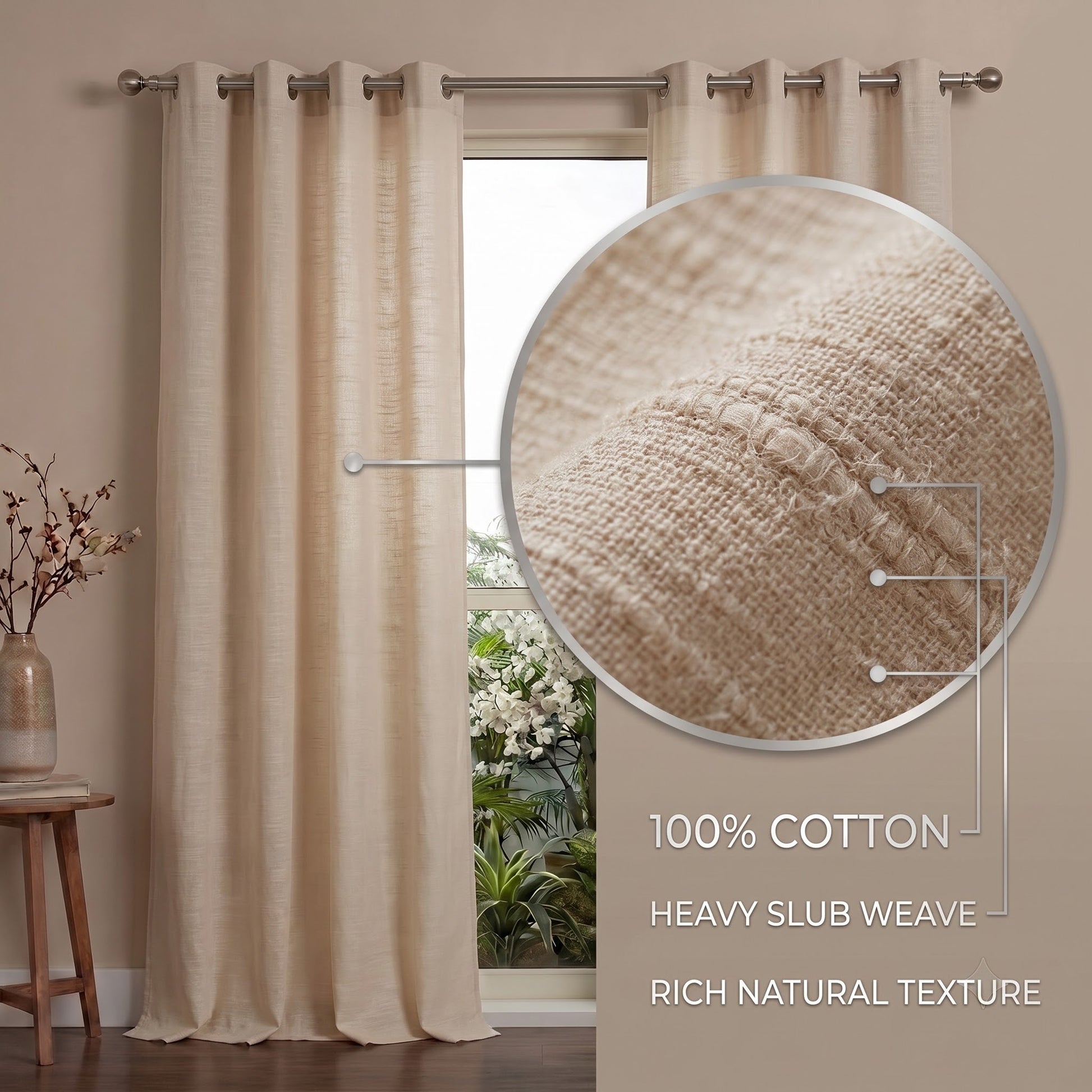 Heavy slub cotton curtain, full panel, Ivory